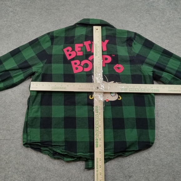 Betty Boop Shirt Womens Medium Green Plaid Flannel Button Front Graphic Top - Picture 5 of 8